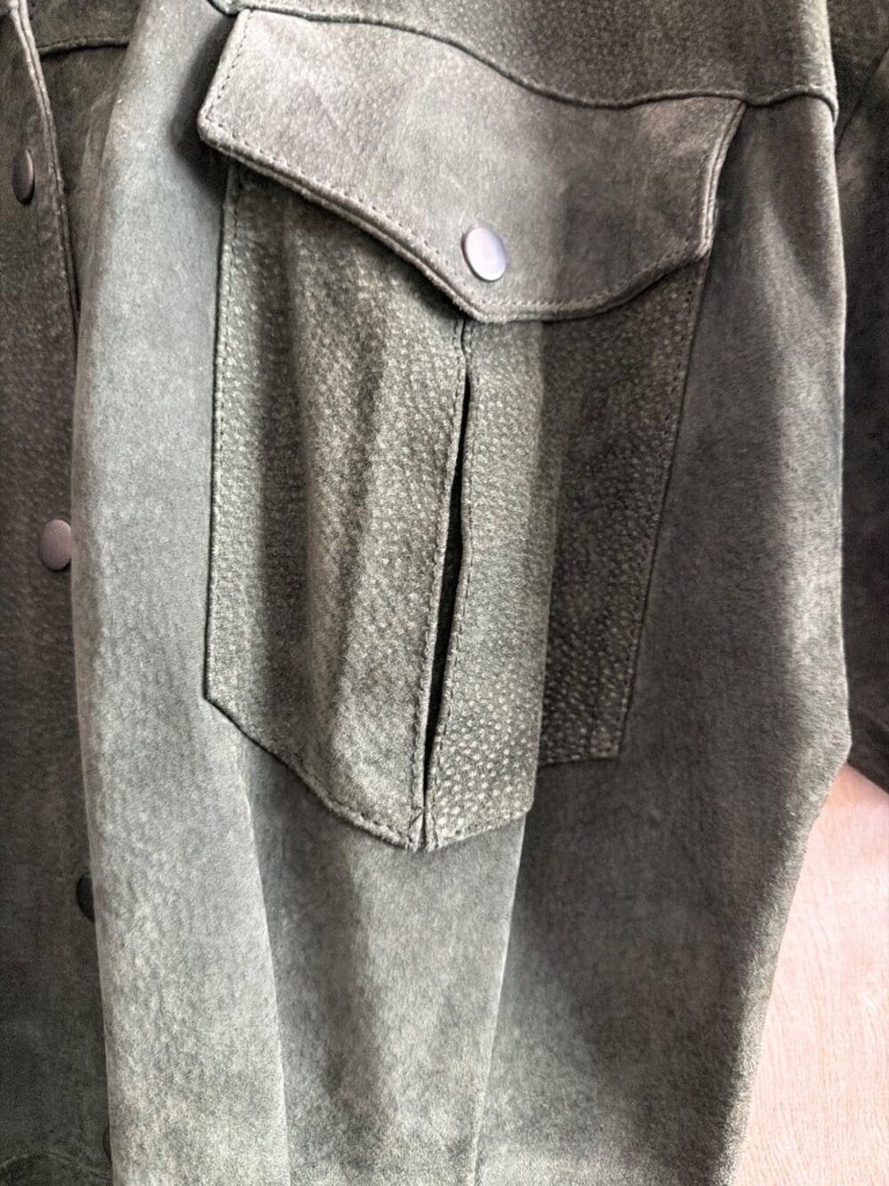 Vintage Della Roufogali Olive Green Suede Leather Safari Shirt Dress Size 10 - Picture 7 of 14